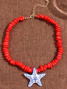 Red Beaded Necklace with Blue & White Starfish Pendant